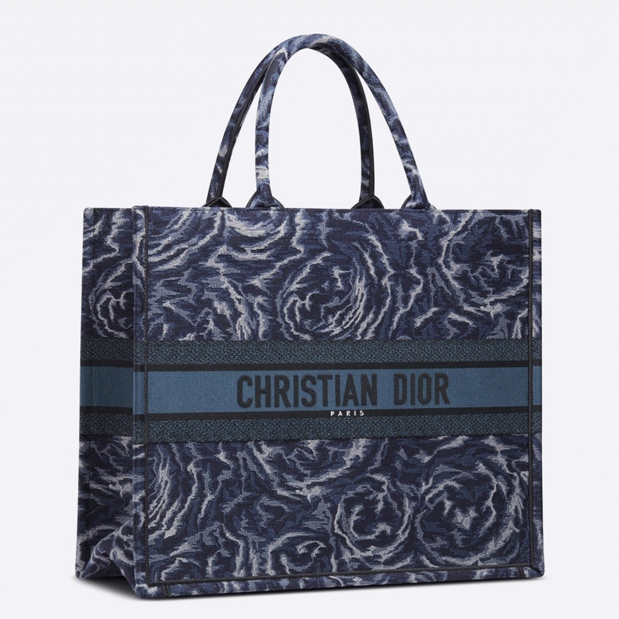 D10r Large Book Tote Bag Replica in Blue D10r Roses Embroidery
