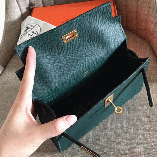 Malachite Epsom AAA Replica H**me5 Kelly Pochette Green Toned Purse