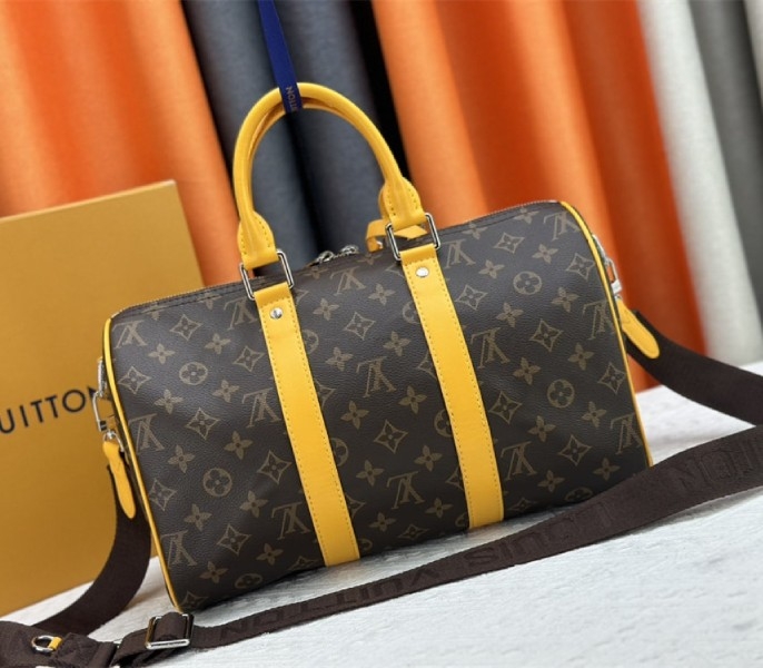 L0vis Vvtt0n Monogram Macassar Canvas Keepall Bandouliere 35 In Safran Yellow