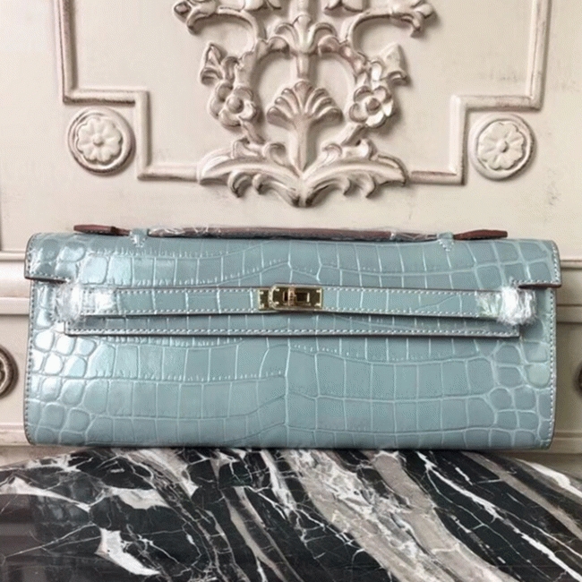 Blue Lin Crocodile Copy H**me5 Kelly Cut Clutch Elegant Purse