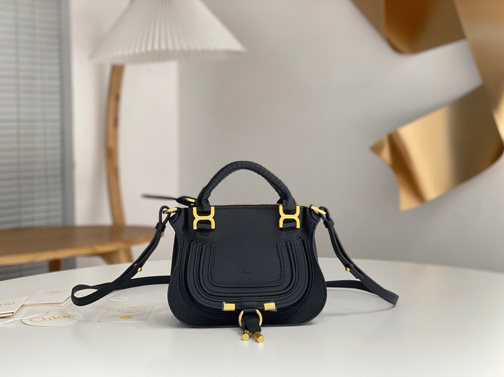top quality knockoff Ch10e marcie mini double carry bag in black grained leather