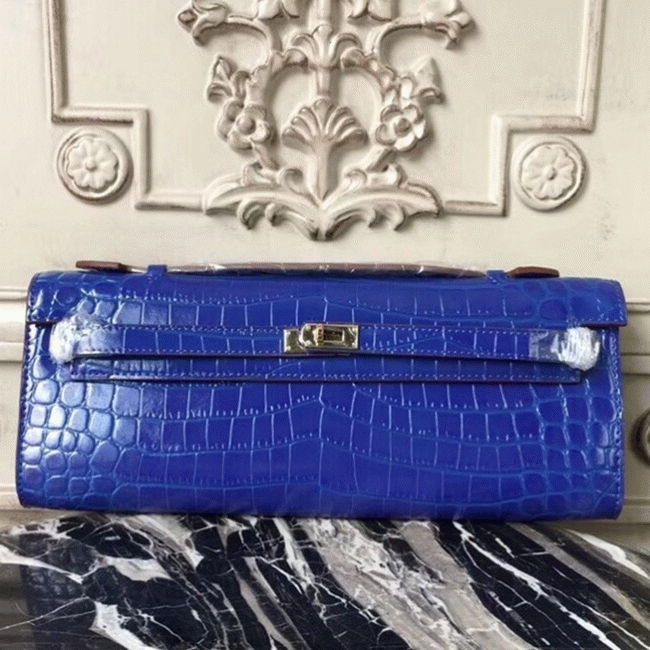 Blue Electric Crocodile Replica H**me5 Kelly Cut Clutch Bold Statement