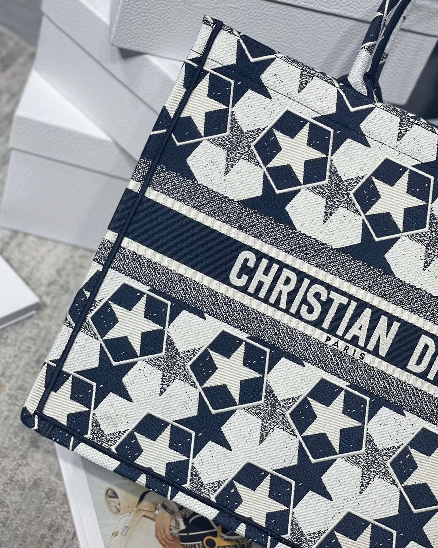 D10r Large Book Tote Bag Knockoff in Blue and White D10r Etoile Embroidery