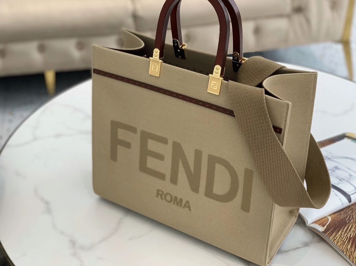 Top Quality Fake F**di Sunshine Medium Tote Bag In Beige Canvas