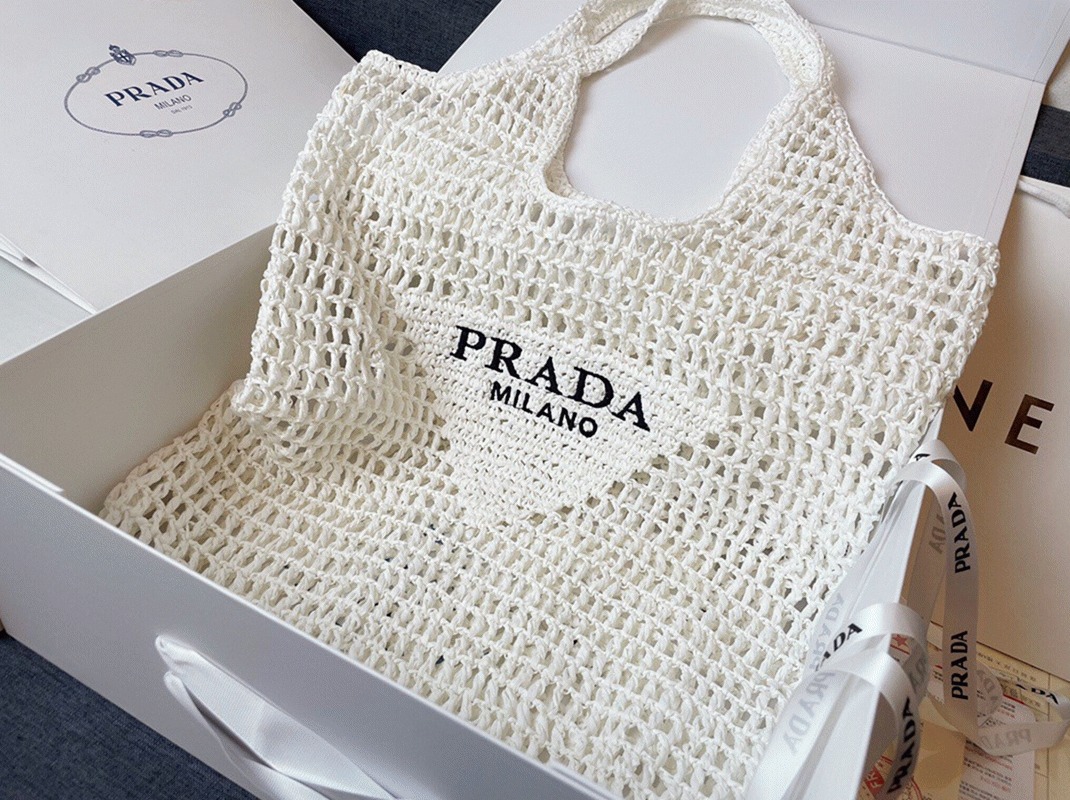Pra*a Large Tote Bag Replica in White Woven Raffia
