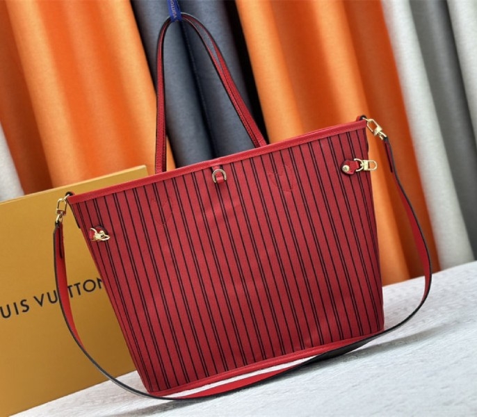 L0vis Vvtt0n Neverfull Bandouliere Inside Out MM Tote In Monogram Canvas And Rouge Sari Textile