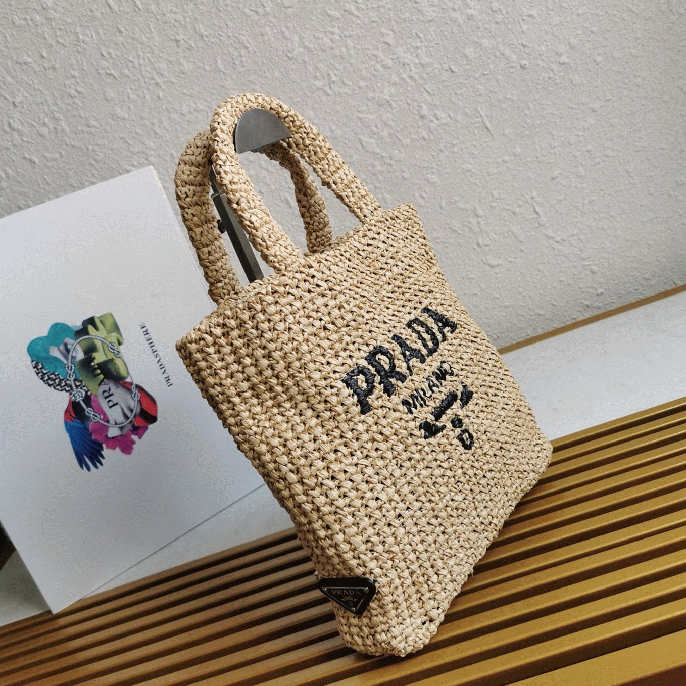 Pra*a Small Crochet Tote Bag Knockoff in Beige Raffia-effect Yarn