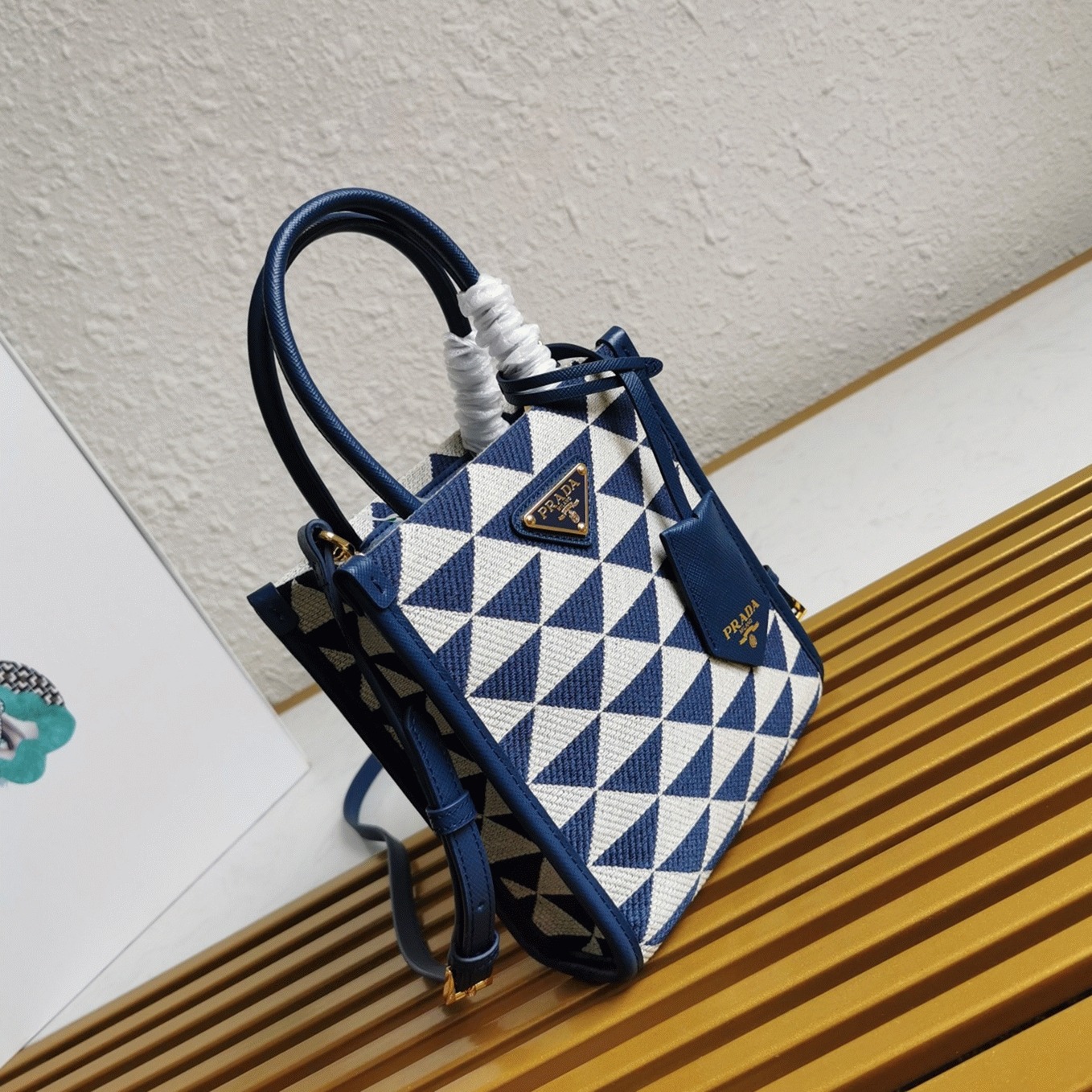 Pra*a Symbole Micro Bag Replica in White/Blue Jacquard Fabric