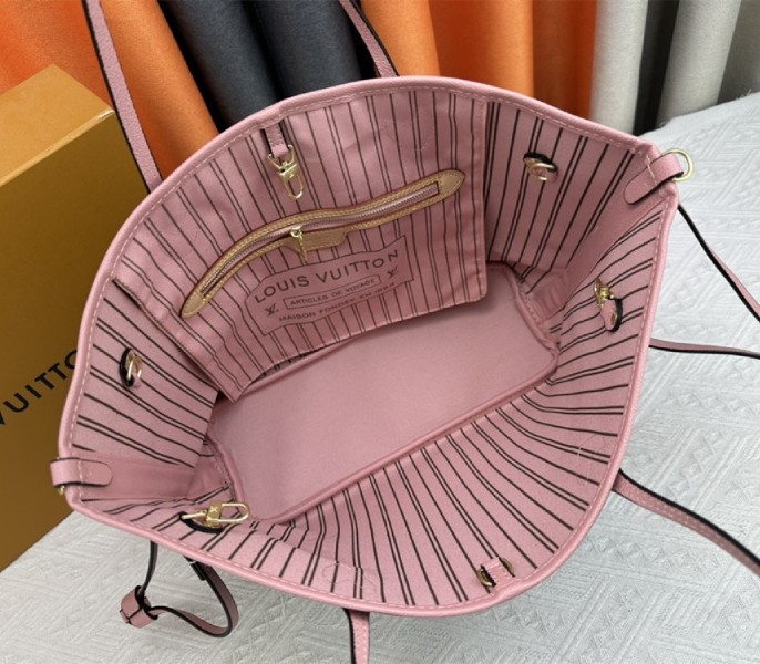 L0vis Vvtt0n Neverfull Bandouliere Inside Out MM Tote In Monogram Canvas And Peony Pink Textile And Leather