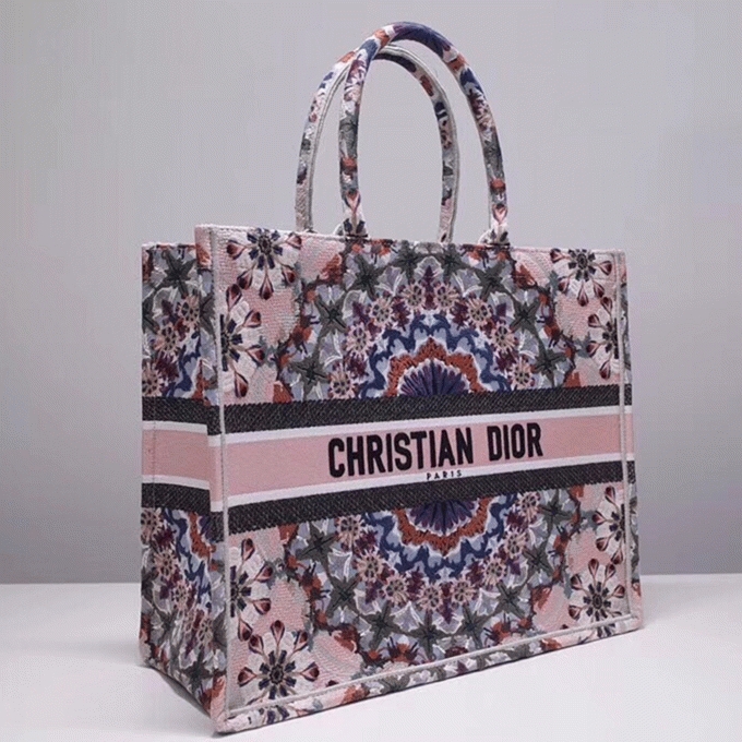 D10r Large Book Tote Bag Fake in Pink KaleiD10rscopic Embroidered Cotton