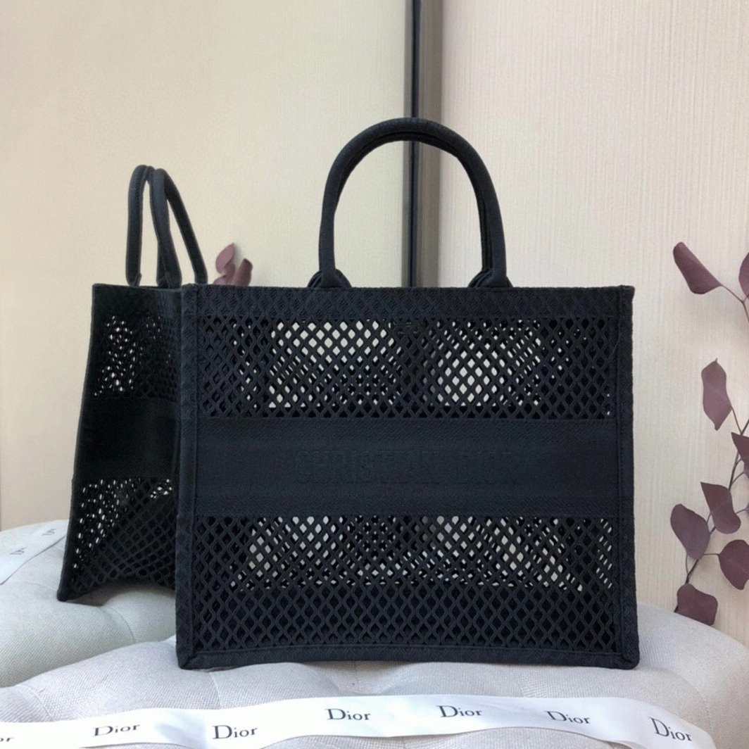 D10r Large Book Tote Bag Knockoff in Black Mesh Embroidery