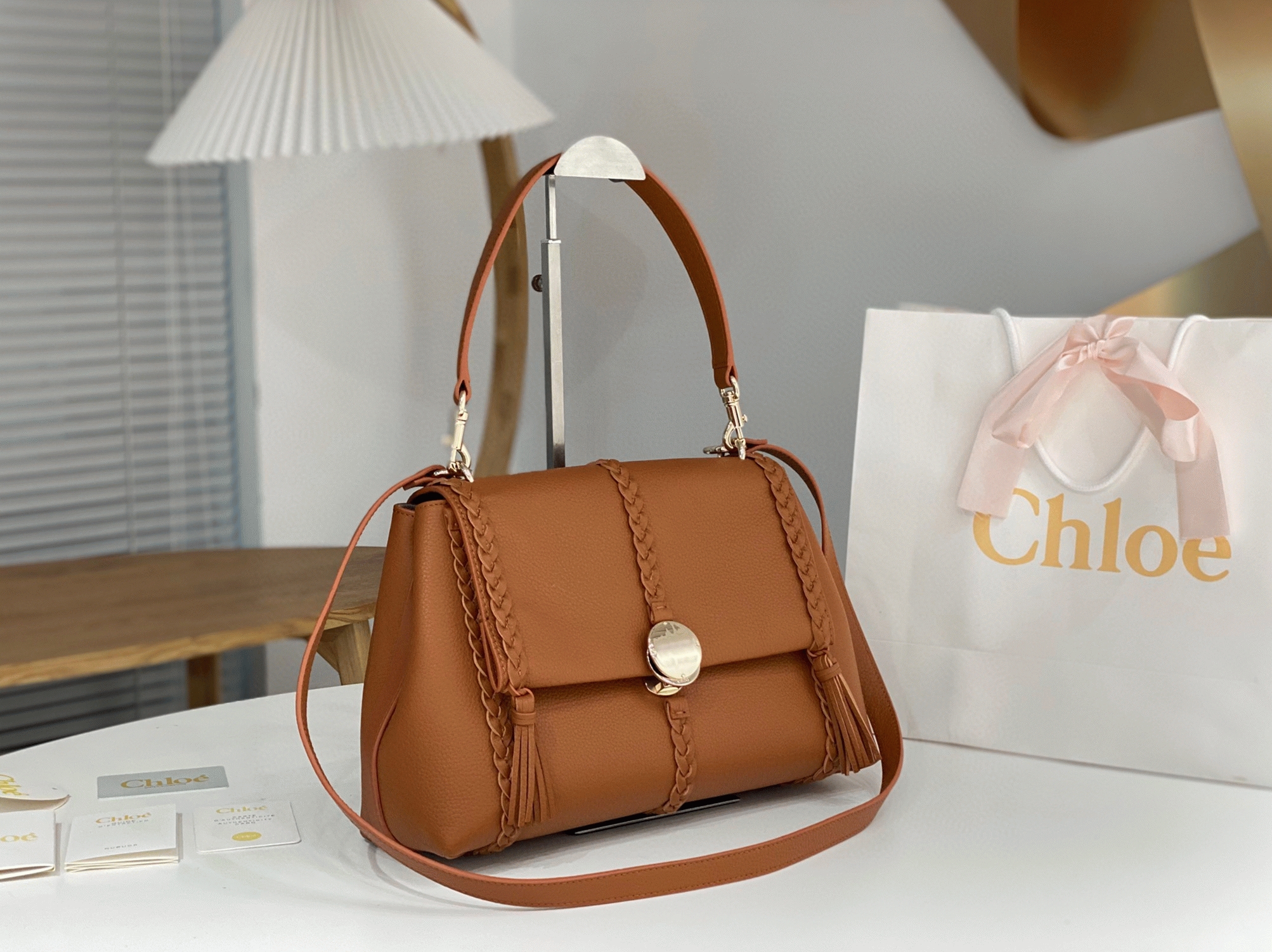 top quality fake Ch10e penelope medium shoulder bag in brown grained calfskin