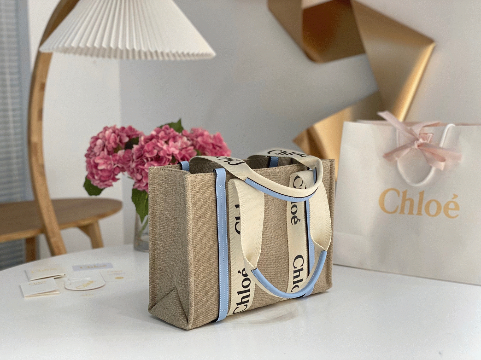 top quality replica Ch10e woody medium tote bag in linen canvas with blue leather