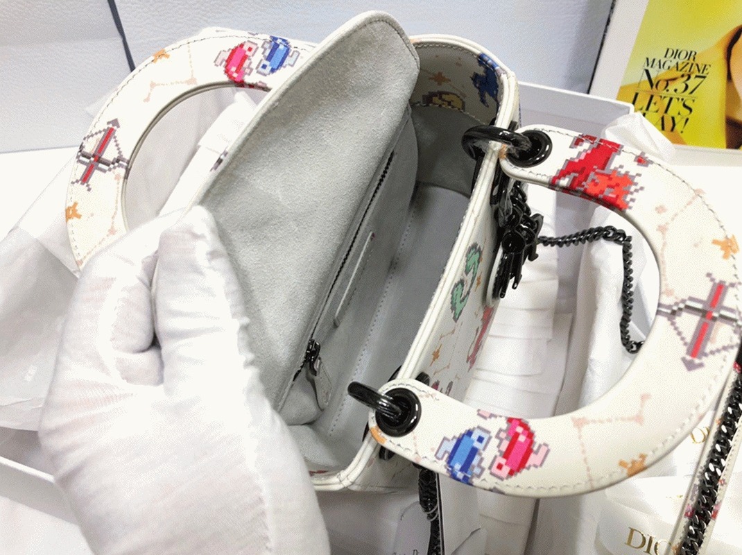 D10r Lady D10r Mini Bag Fake in White Calfskin with Pixel Zodiac Print