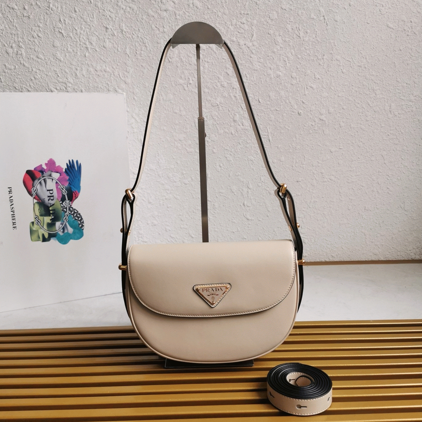 Beige Pra*a Arque Shoulder Bag with Flap Knockoff