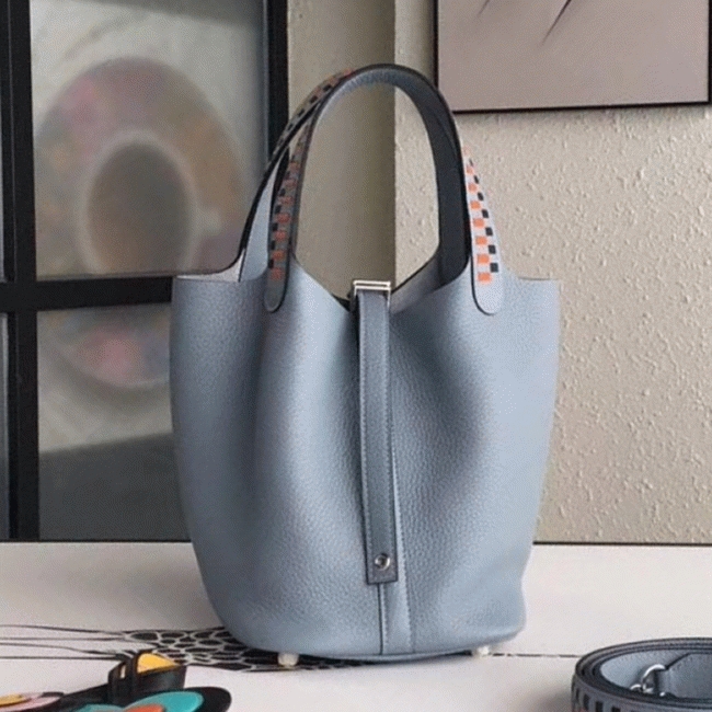 Blue braided handles fake luxury H**me5 Lin Picotin Lock 18cm handbag