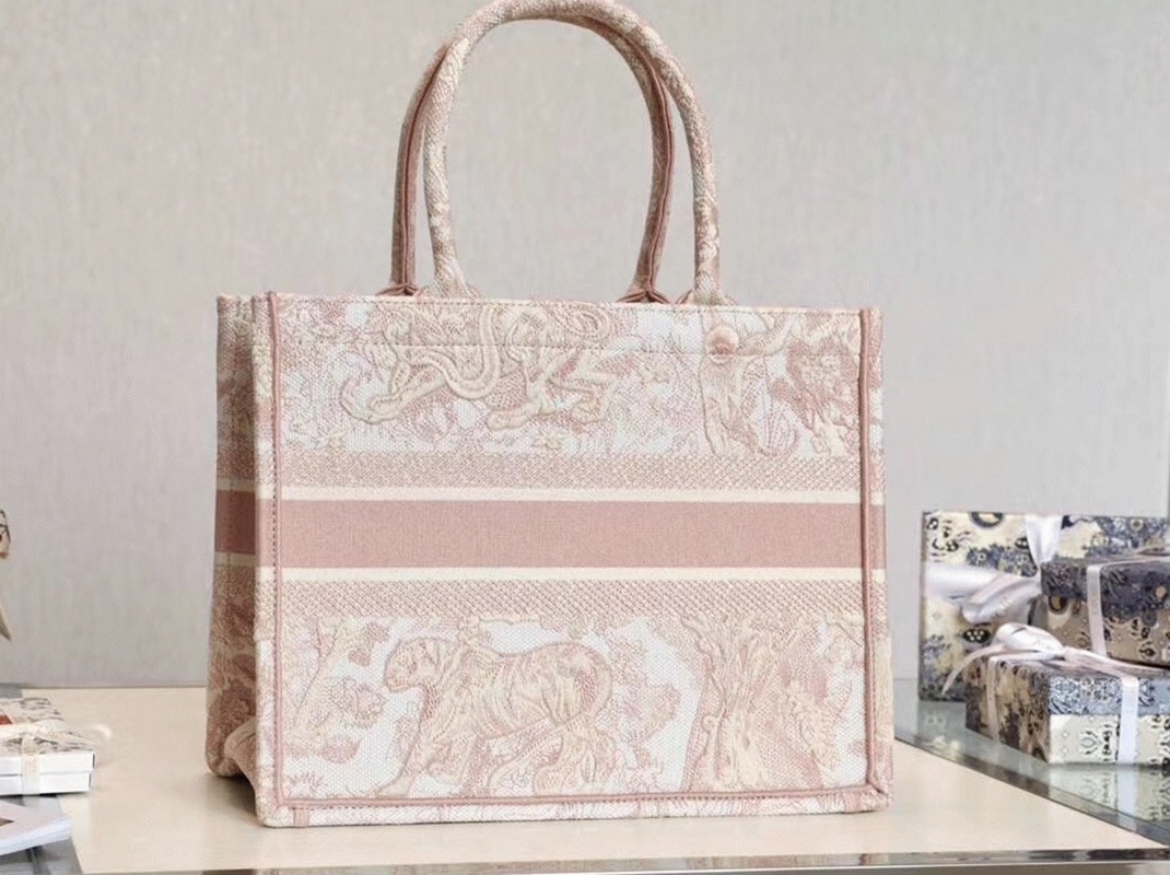 D10r Medium Book Tote Bag Replica in Pink Toile De Jouy Embroidery