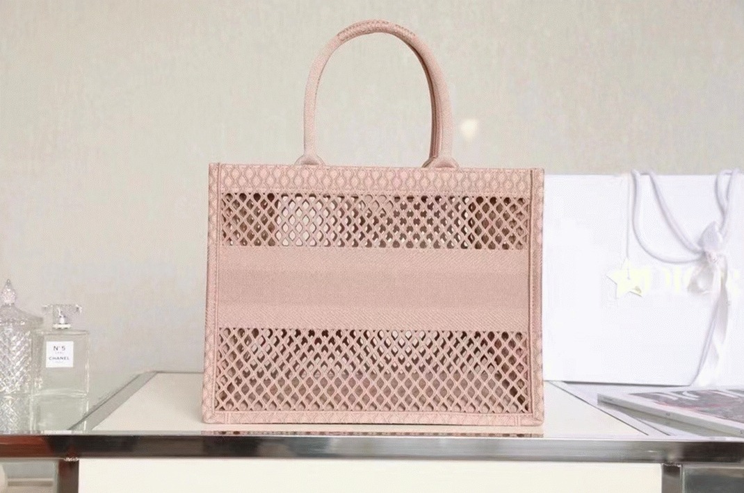 D10r Large Book Tote Bag Replica in Beige Mesh Embroidery