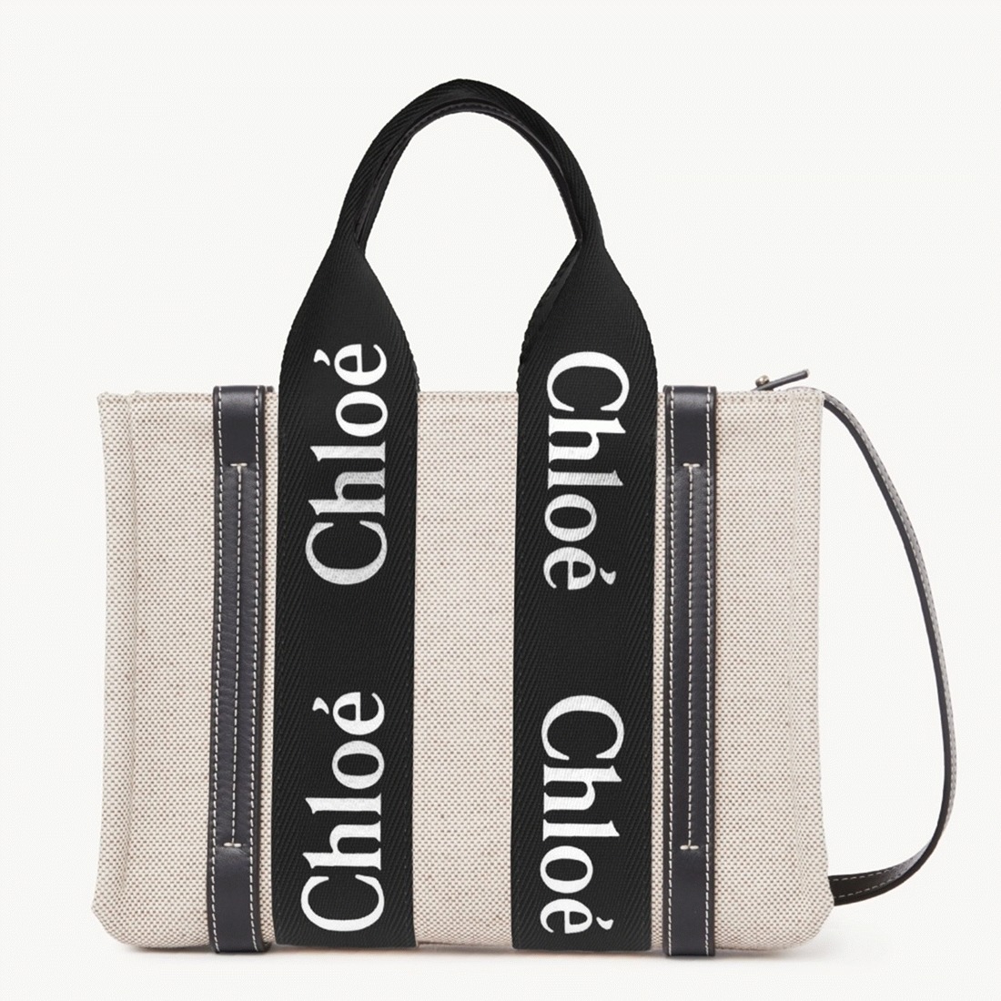 top quality replica Ch10e small woody tote bag in canvas with black leather strips