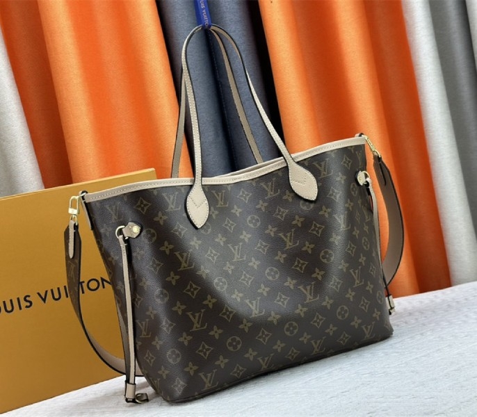 L0vis Vvtt0n Neverfull Bandouliere Inside Out MM Tote In Monogram Canvas And Beige Textile And Leather
