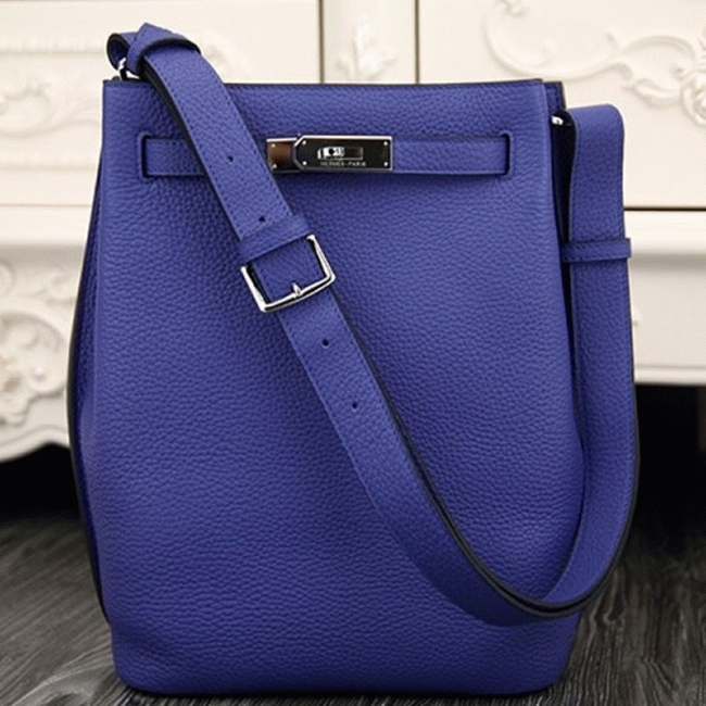 Blue Leather Knockoff H**me5 So Kelly 22cm Cool-Toned Handbag
