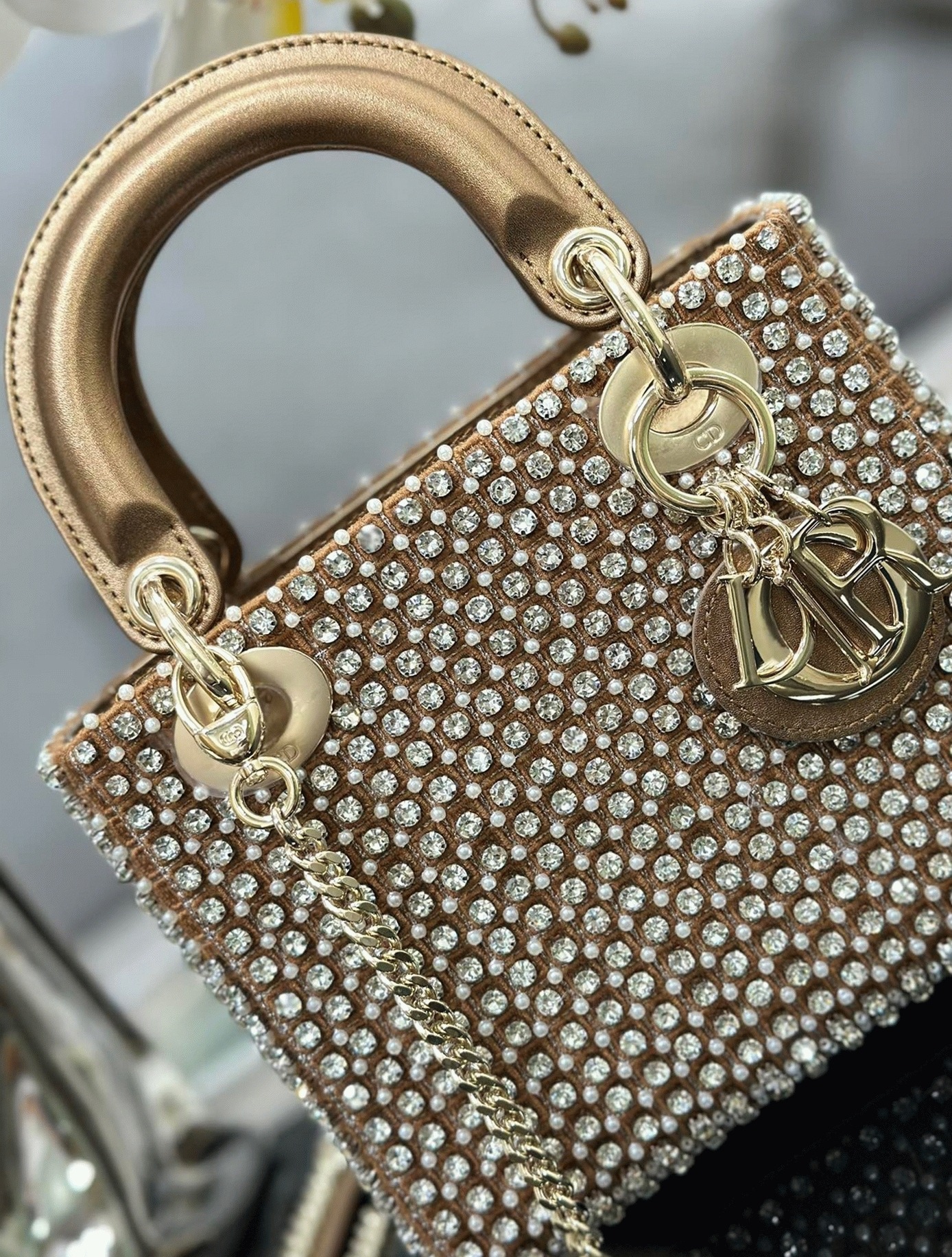 D10r Lady D10r Mini Chain Bag Replica in Square with Strass and Beads
