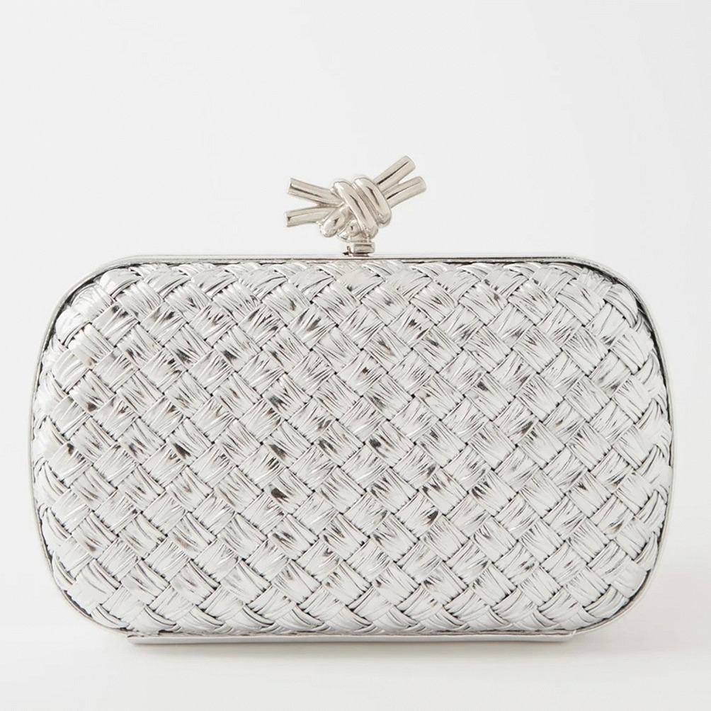 Fake B0tt*ga Ven*ta Knot Minaudiere Clutch Silver Intreccio