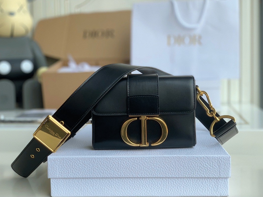 D10r 30 Montaigne Box Bag Replica in Black Box Calfskin
