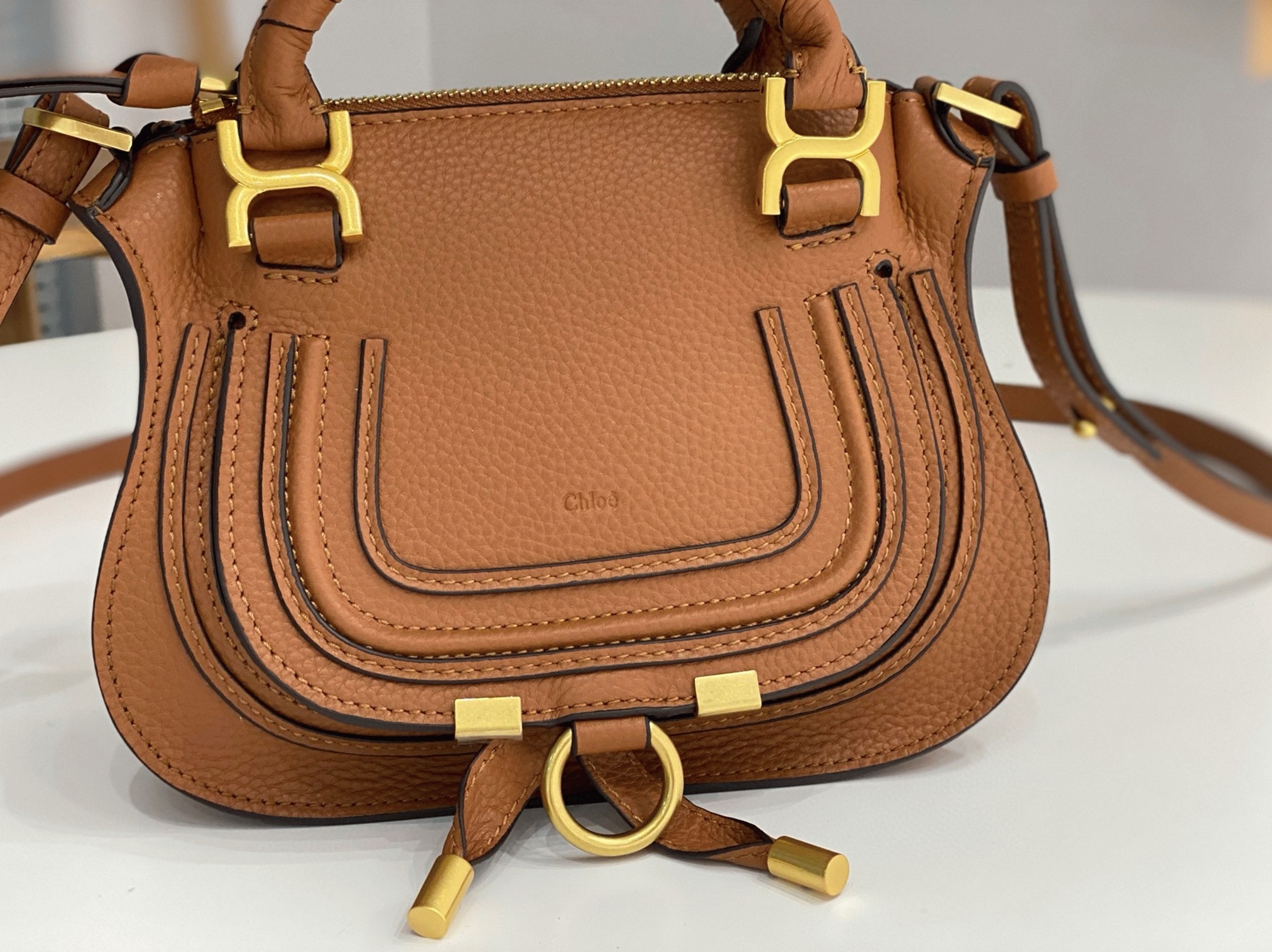 top quality replica Ch10e marcie mini double carry bag in brown grained leather