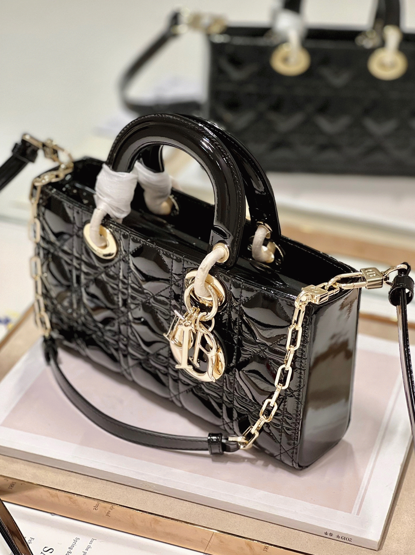 D10r Lady D-Joy Medium Bag Faux in Black Patent Cannage Calfskin
