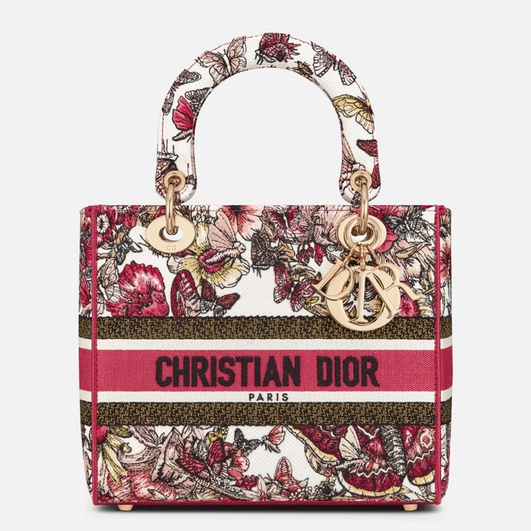 D10r Lady D-Lite Medium Bag Fake in Multicolor Butterfly Embroidery