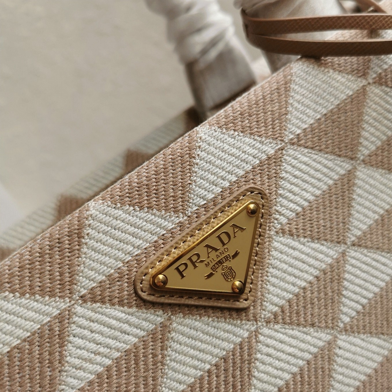 Pra*a Symbole Small Bag Fake in Beige/White Jacquard Fabric