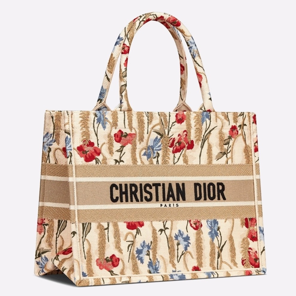 D10r Medium Book Tote Bag Fake in Hibiscus Metallic Thread Embroidery