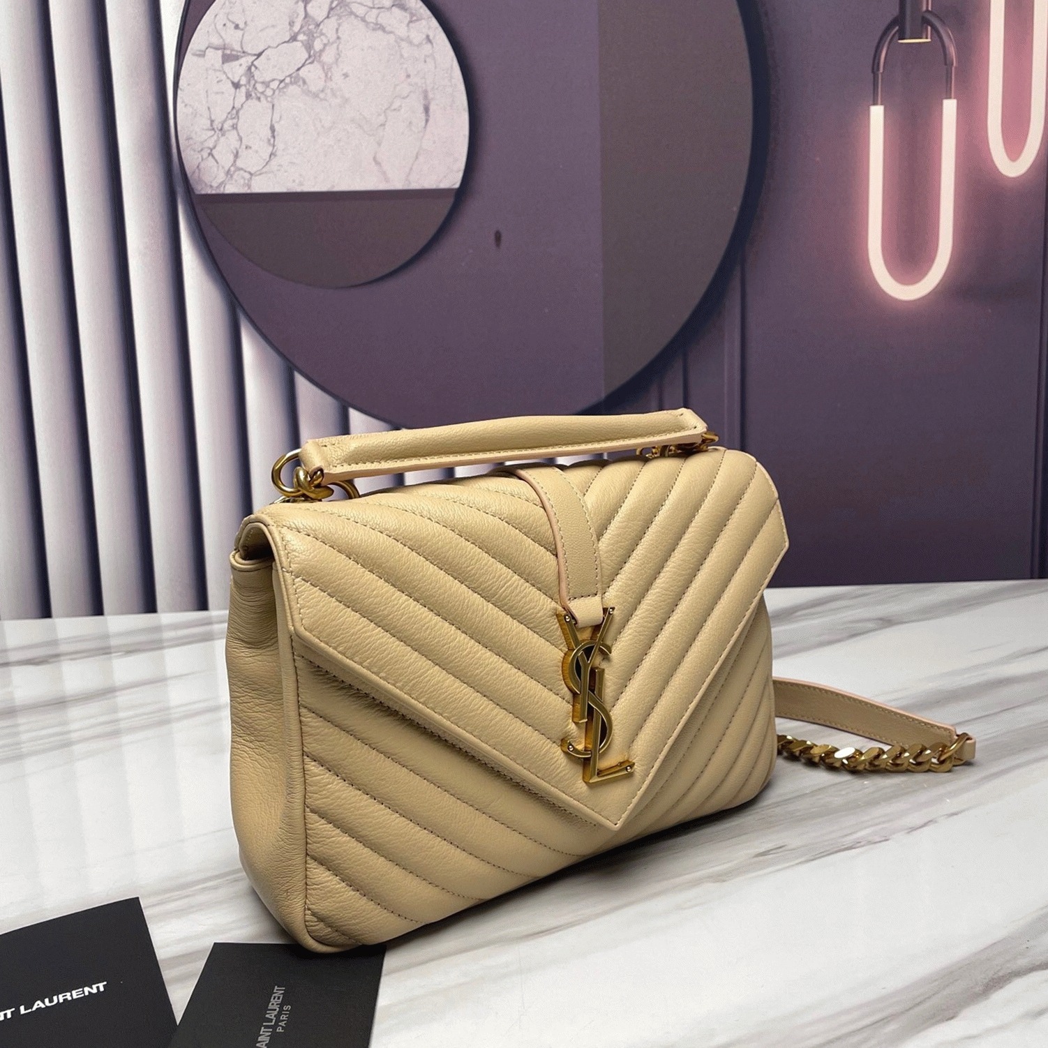 Fake Sa1nt Lau*nt College Medium Chain Bag Beige