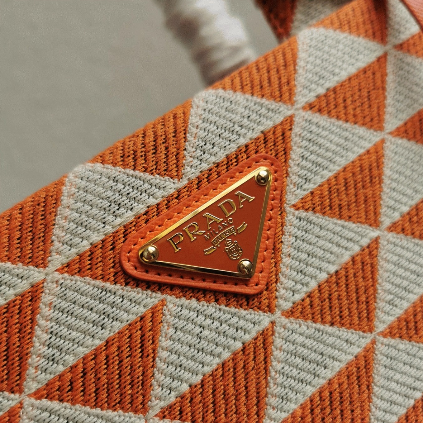 Pra*a Symbole Large Bag Imitation in Orange/White Jacquard Fabric