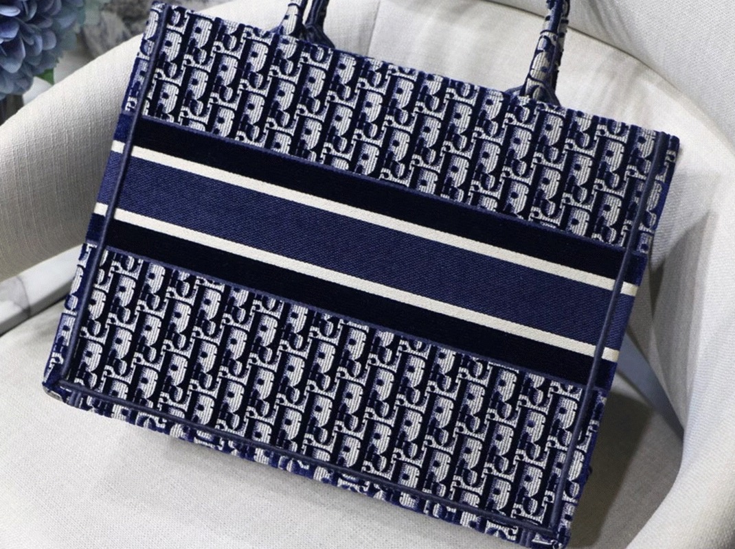 D10r Medium Book Tote Bag Knockoff in Blue Velvet Oblique Embroidered