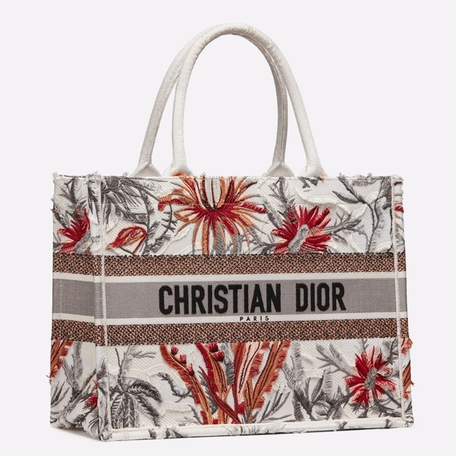 D10r Medium Book Tote Fake in White Camouflage with Multicolored