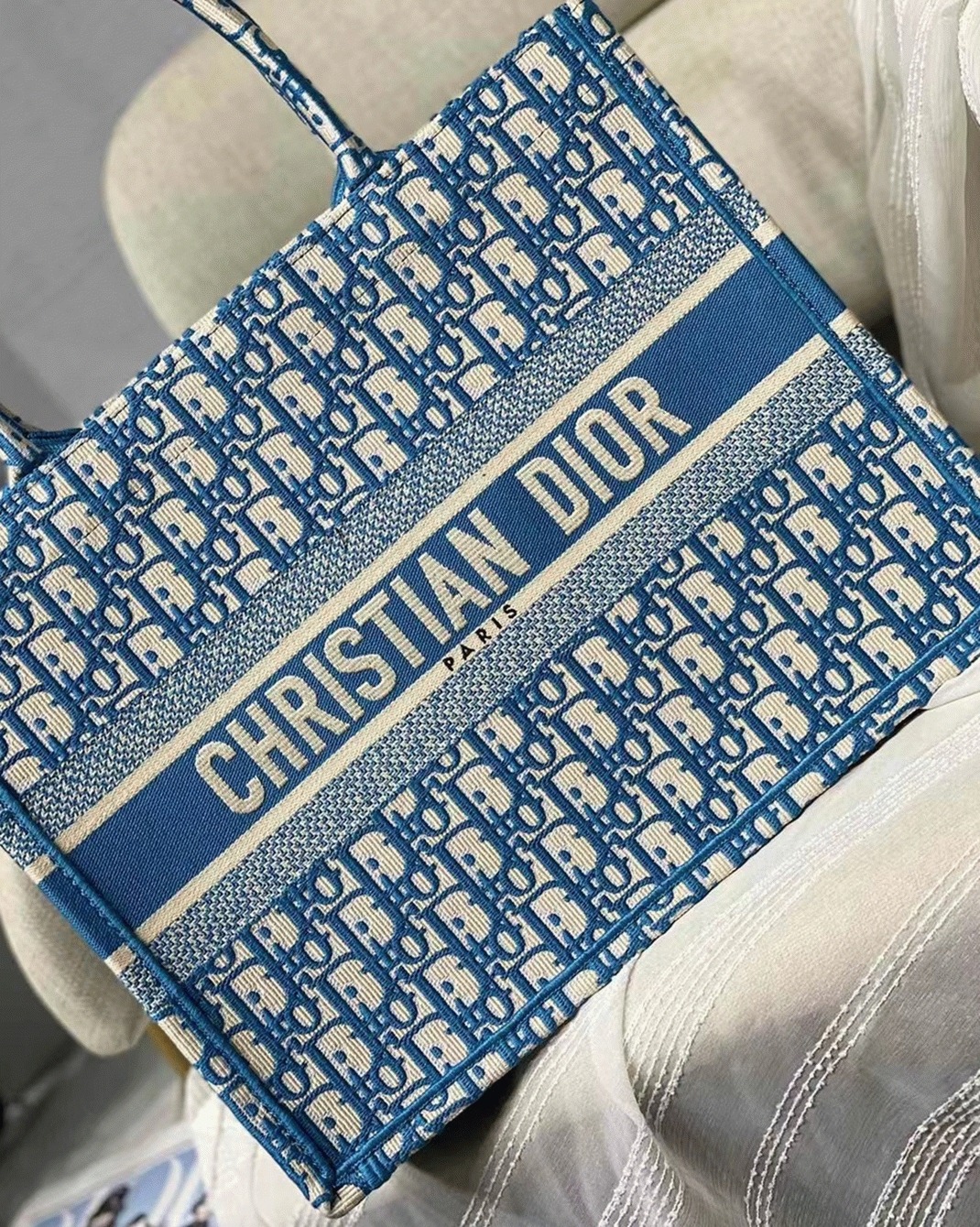 D10r Medium Book Tote Bag Knockoff in Blue Oblique Embroidery