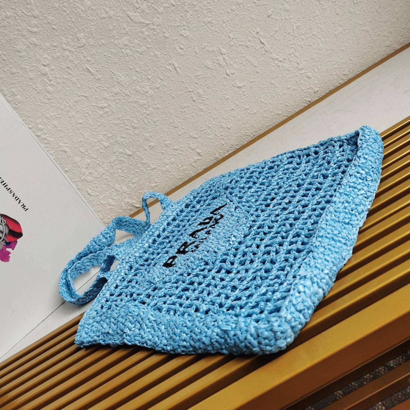 Pra*a Small Tote Bag Knockoff in Blue Woven Raffia
