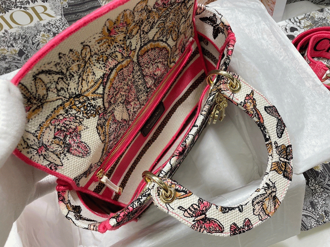 D10r Lady D-Lite Medium Bag Fake in Multicolor Butterfly Embroidery