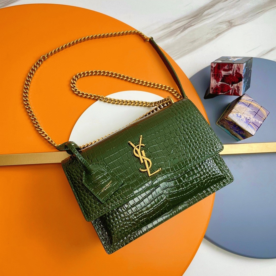 Fake Sa1nt Lau*nt Sunset Medium Chain Bag Green Crocodile-embossed Leather