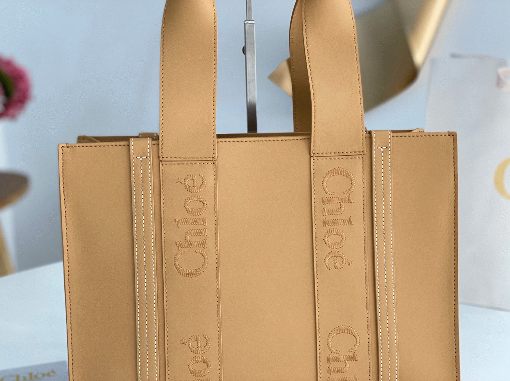 top quality knockoff Ch10e woody medium tote bag in beige calfskin