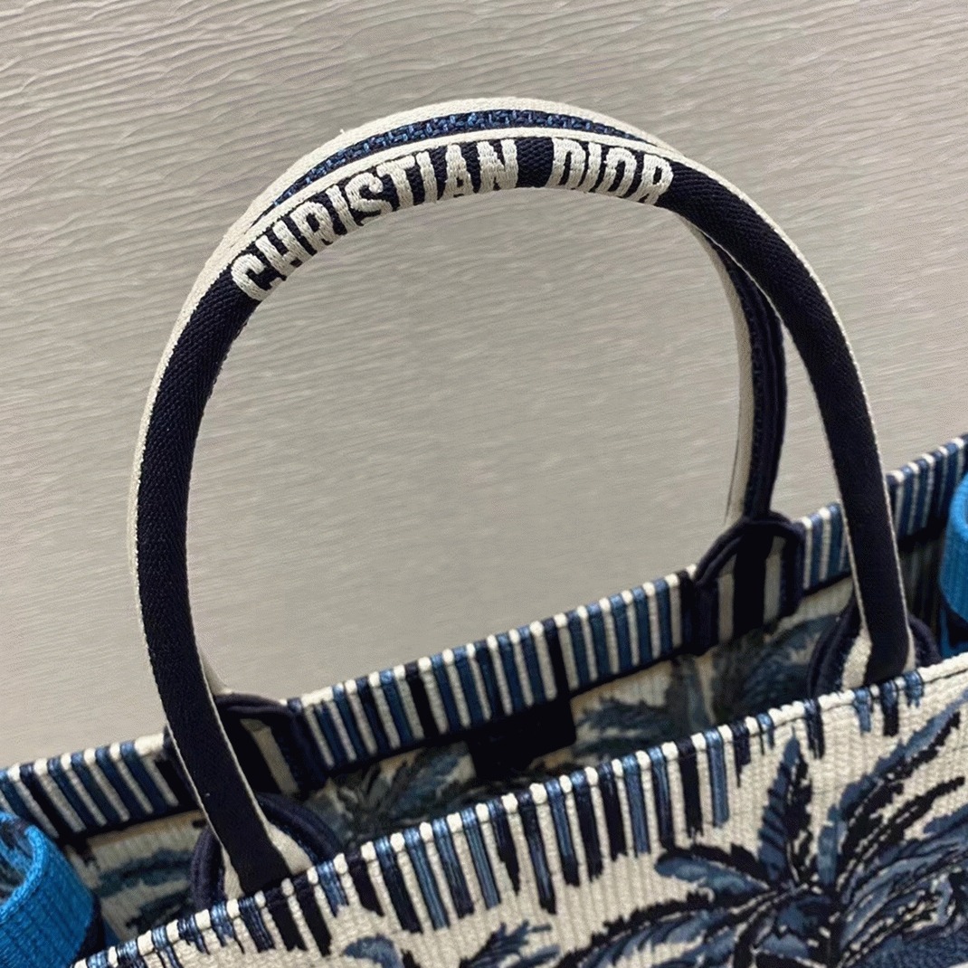 D10r Large Book Tote Bag Replica in Blue D10r Palms Embroidery