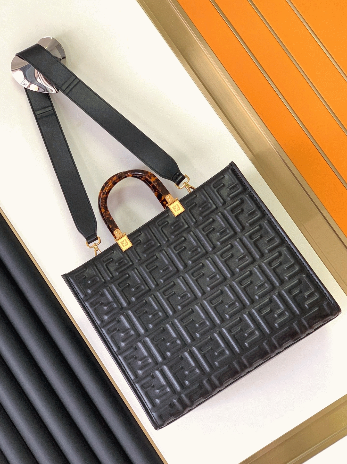 Top Quality Replica F**di Sunshine Medium Tote Bag In Black FF Calfskin