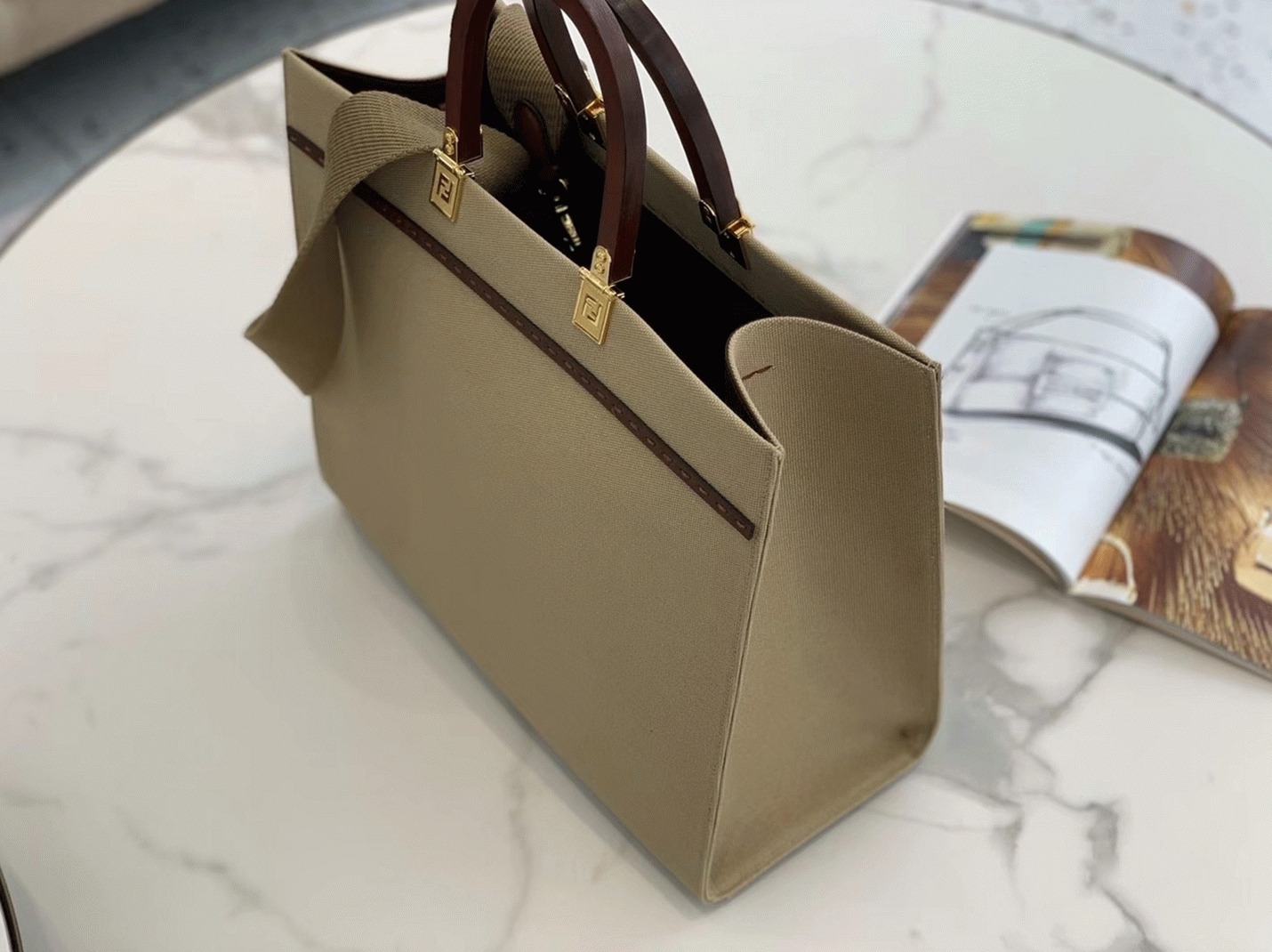Top Quality Fake F**di Sunshine Medium Tote Bag In Beige Canvas