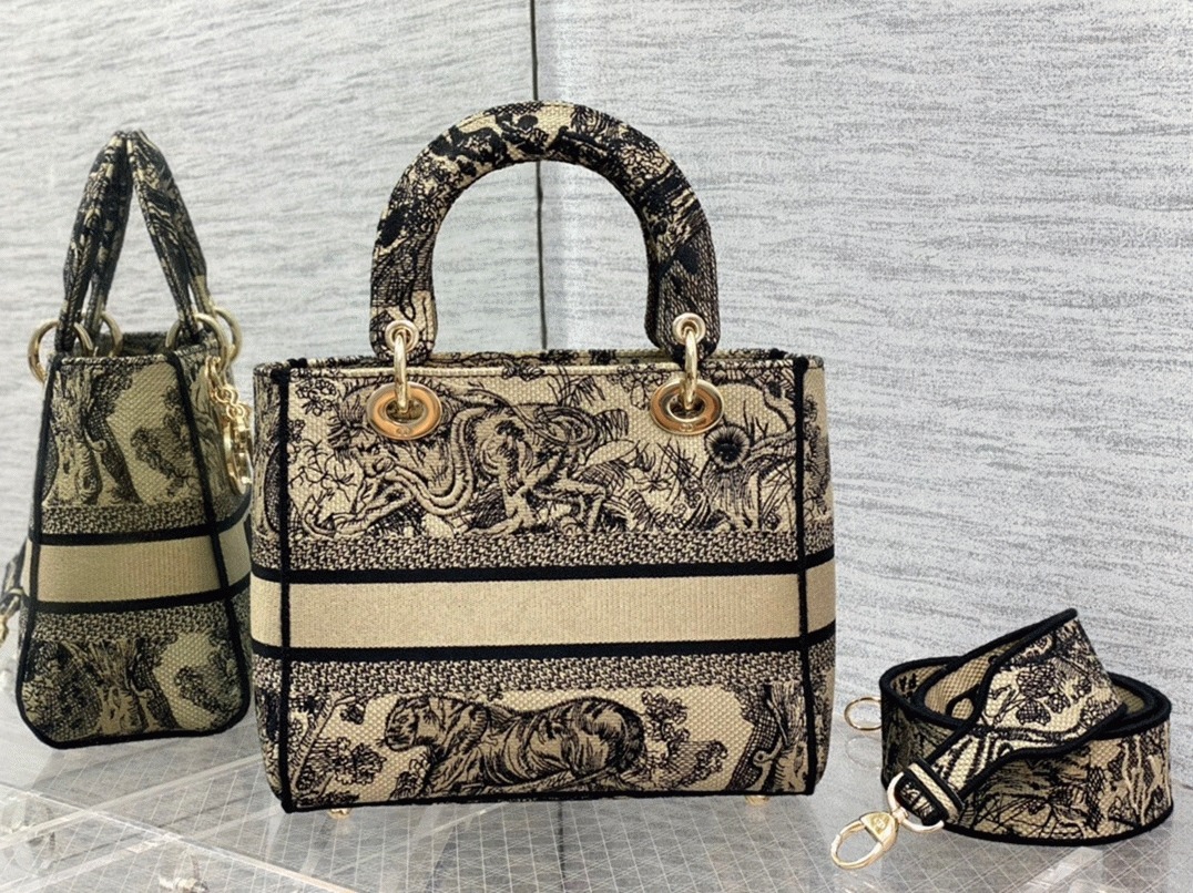 D10r Lady D-Lite Medium Bag Faux in Brown Toile de Jouy Embroidery