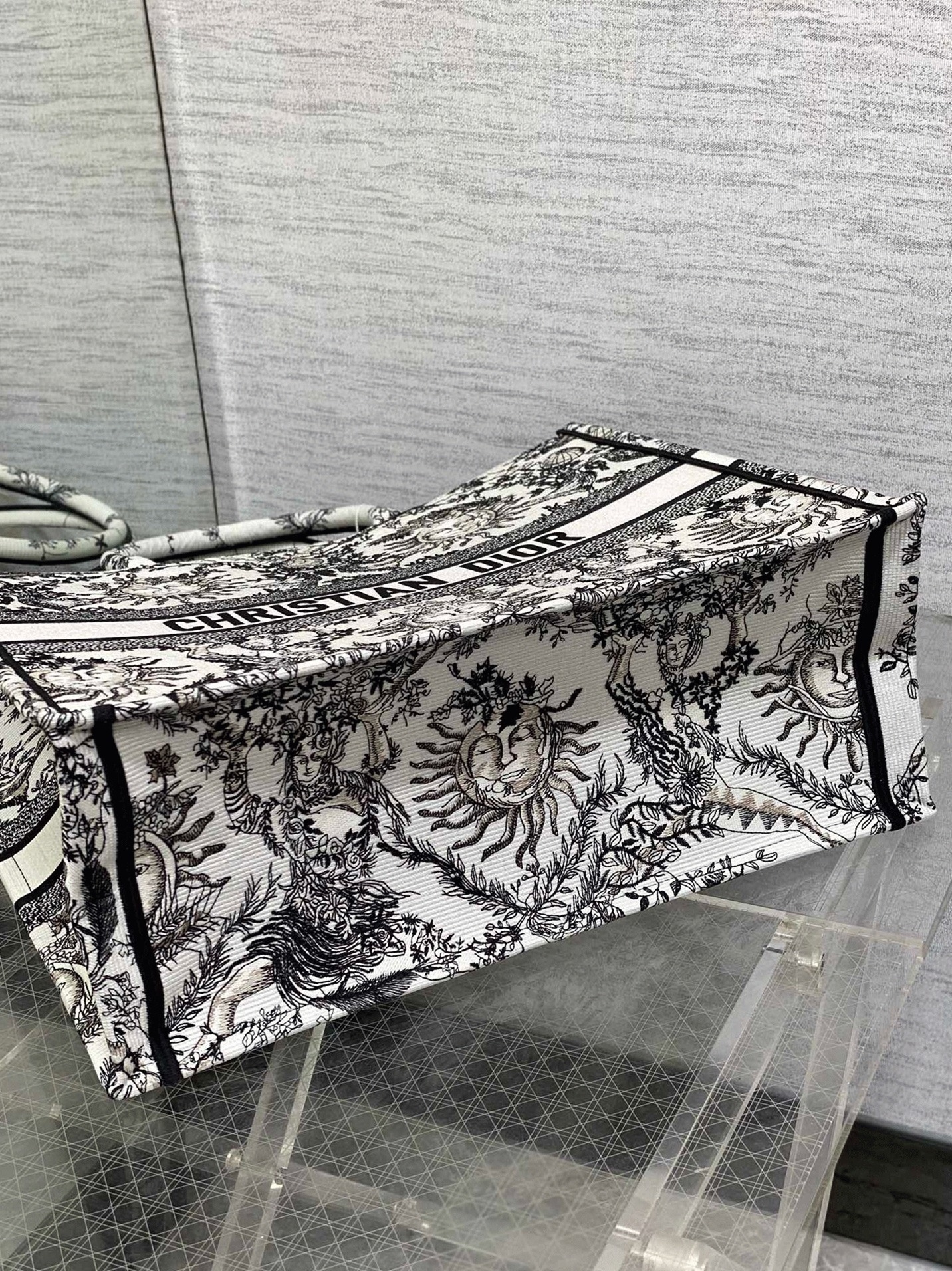 D10r Large Book Tote Bag Fake in White Toile de Jouy Soleil Embroidery