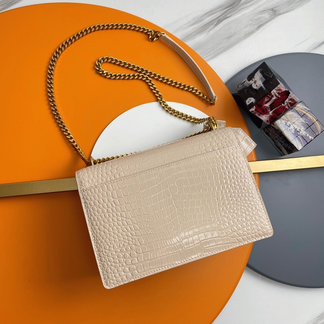 Fake Sa1nt Lau*nt Sunset Medium Chain Bag Beige Crocodile-embossed Leather