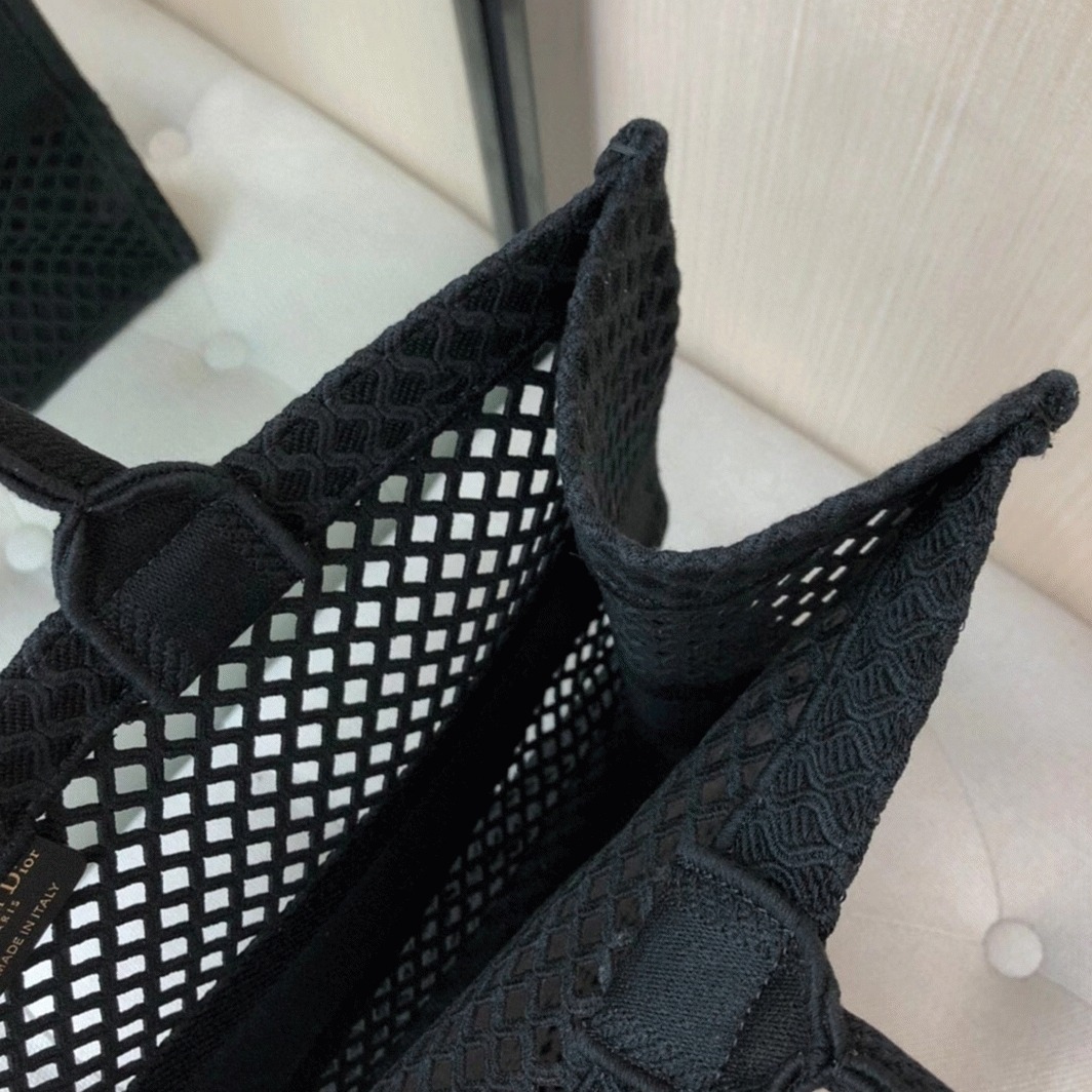 D10r Large Book Tote Bag Knockoff in Black Mesh Embroidery