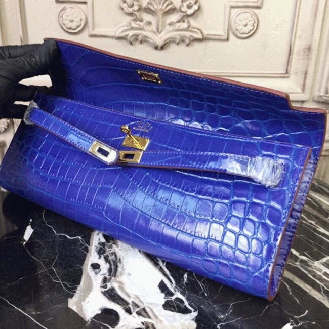 Blue Electric Crocodile Replica H**me5 Kelly Cut Clutch Bold Statement